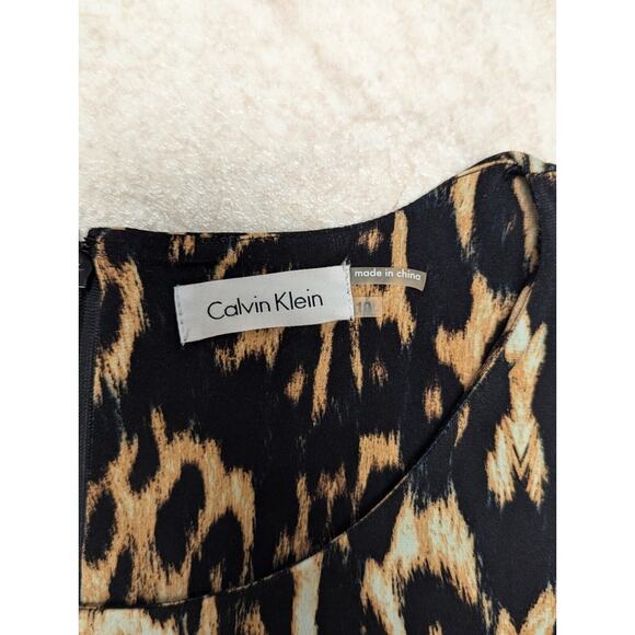 CALVIN KLEIN Leopard Print Sheath Dress Belted Black/Brown Size 10 Faux Wrap - Picture 6 of 11